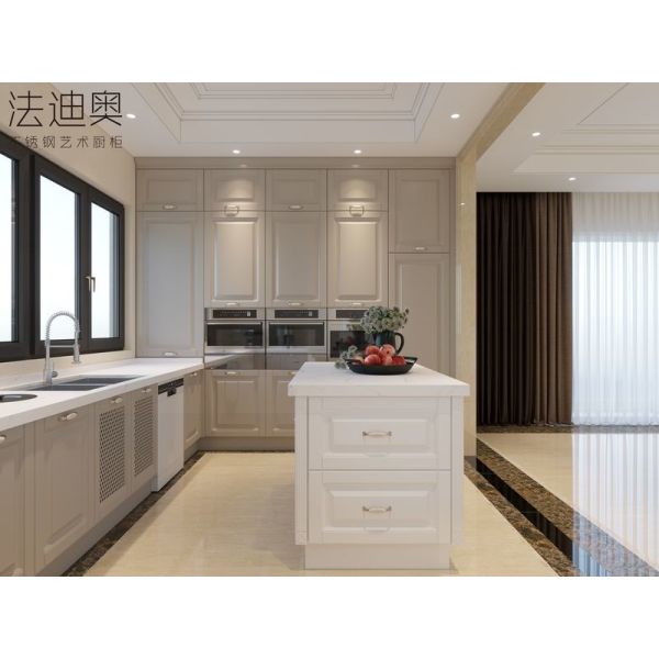 Luxury Stainless Steel U-Shaped Kitchen With Island And Molded Panels