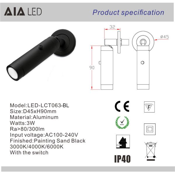 Interior switch on lamp head fairy small headboard wall light 3W led bed reading lamp bedside wall lamp foldable for bed