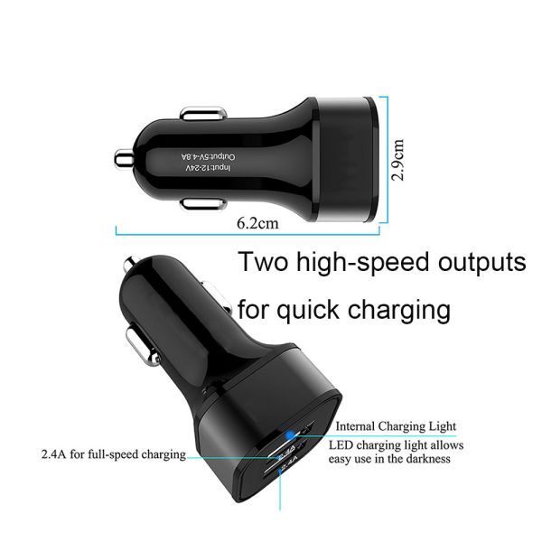 Dual Port USB Car Charger 5V 2.4A Aluminum Alloy Fast Charging Phone Charger