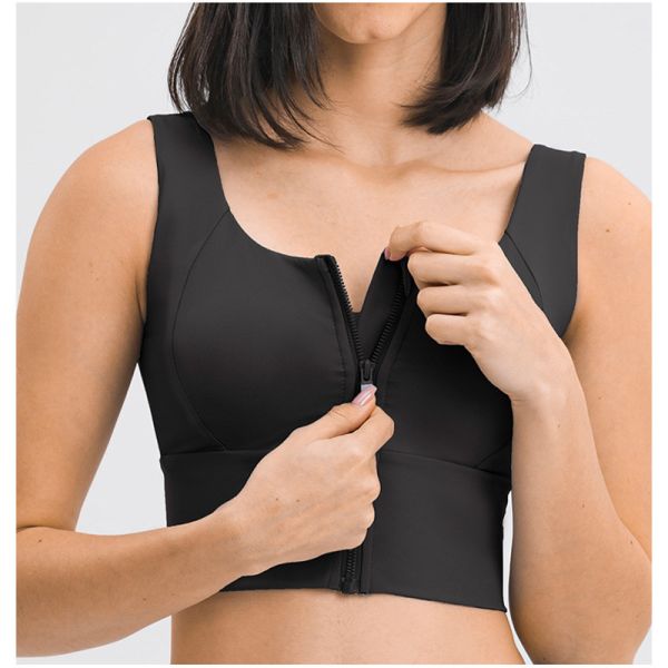 Blue Grey Gathered Women's Sports Bra Front Zip Shockproof Gym Running Fitness Crop Top