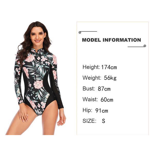 Stand Collar Womens Zipper One Piece Swimsuit Long Sleeve Printed Customized