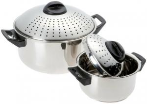 6qt & 2qt Stainless Steel Pasta Pot Set with Locking Strainer Lids