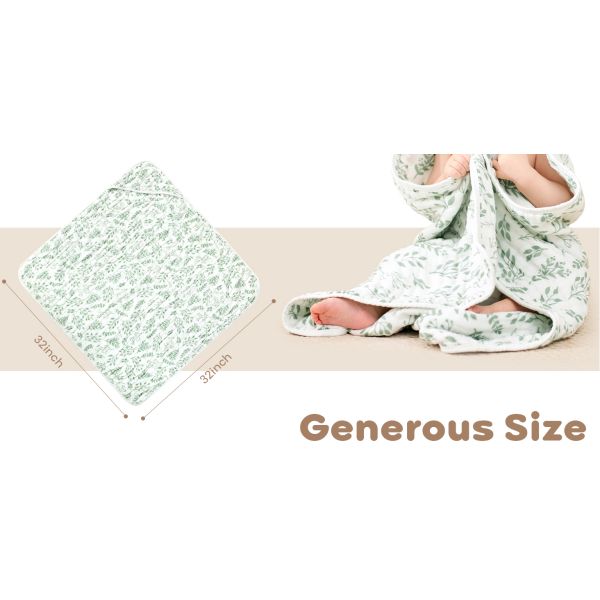 100% Cotton Hooded Baby Towels 2-Pack - 32x32 Inches, Darkgreen & Leaf