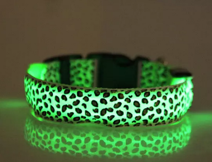 Durable leopard print dog cat safety LED light glow flashing nylon pet necklace collar supplies