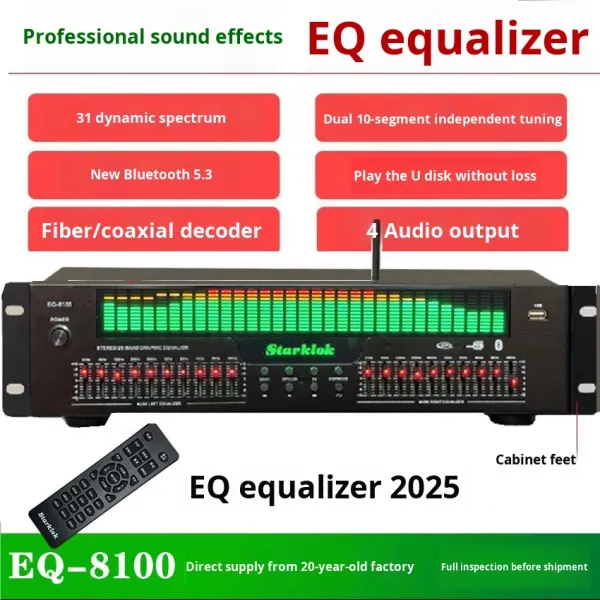 EQ-8100 Professional Hi-Fi Preamp Player BT 5.4 Optical Coaxial Digital Audio Decoder 20 Segment Equalizer Fiber Optic Equipment