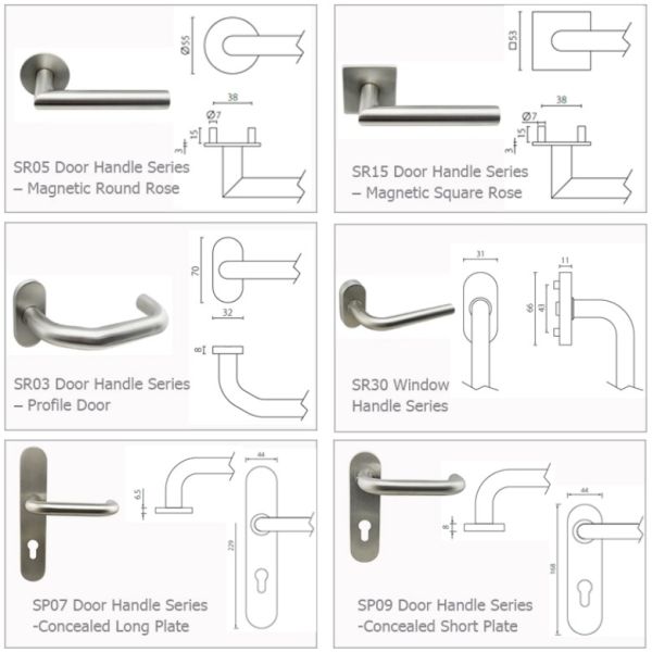 Available roses and plates of Unity flat door handle, flat door handle set, door lever
