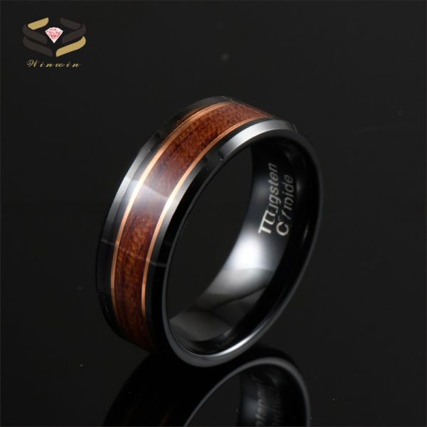 8mm Rose Gold Line and Rosewood Inlay Black Tungsten Carbide Men's Wedding Ring with Third Party Appraisal Certificate