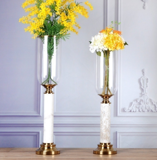 Tall gold flower vases pot with marble stand table artificial flower for home wedding centrepiece decoration