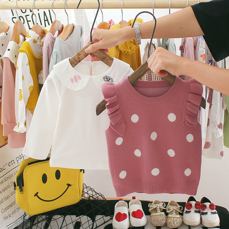 Spring 39in Girls Casual Full Sleeve Shirts Children'S Sweater Vest With Two Piece Top