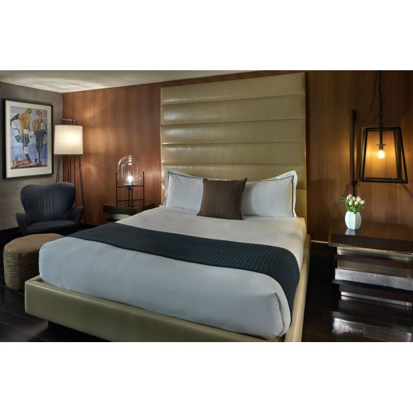 Hotel Standard Modern design Large Bed Room Leather Upholstered Headboard Bed with Walnut Laminated Side table