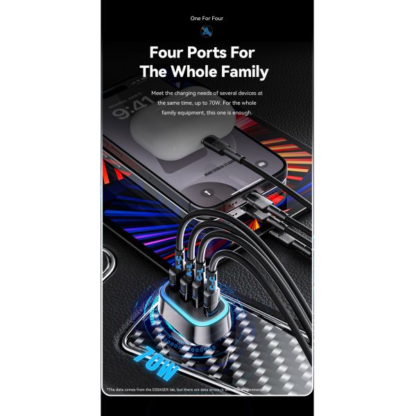 ESSAGER F738 Series Quick Car Phone Charger 70W with 4 Ports 2 USB A 2 USB C