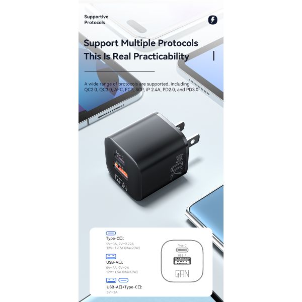 Essager 20W GaN USB Type-C PD QC3.0 Fast Charging Phone Charger For iPhone Huawei Samsung