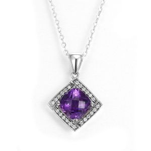 Rhodium Sterling Silver Gemstone Pendants 10mm Square Stone Necklace