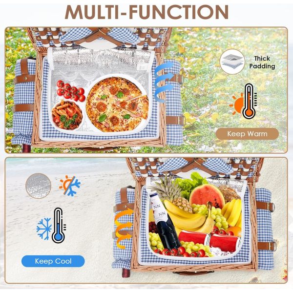 Wicker Picnic Basket with Lid and Handle Sturdy Woven Body with Washable Lining for Easter,Mother's Day,Outdoor Camping