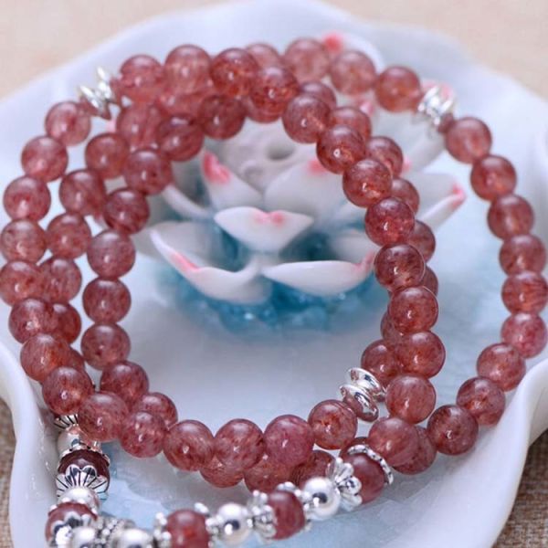 Women 6mm Strawberry Quartz Beads 3 Rows Strand Bracelet with Silver Charm (042861W)