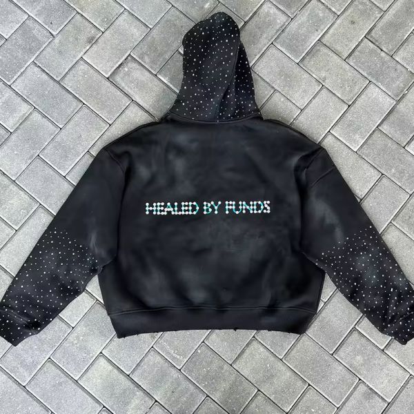 Custom 100% Cotton Acid Wash Hoodie with All Rhinestone Embroidery 3D Zipper Screen Printing French Terry-Cropped Raw Hem Hoodie