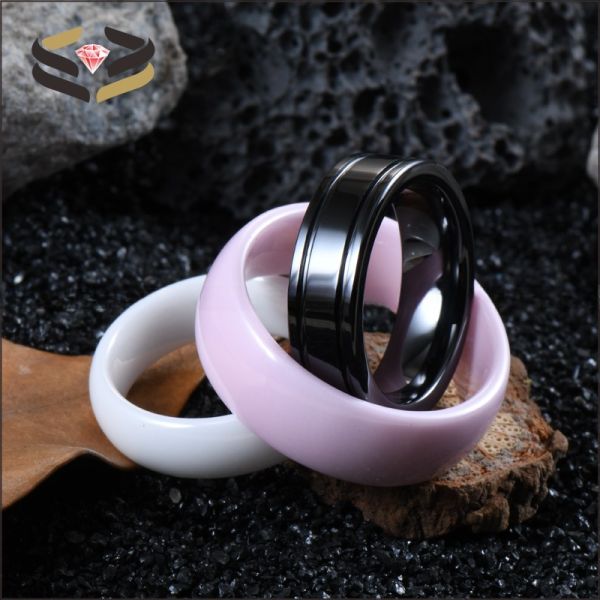 Geometric Black Ceramic Wedding Band Double Grooved Line 6mm For Men Women