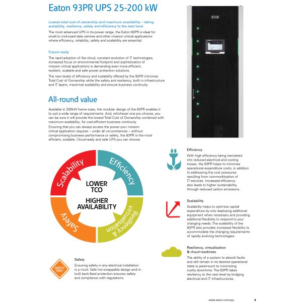 Three Phase Output Eaton 93PR Series Online UPS 15-500KVA for Office Computing 820kg