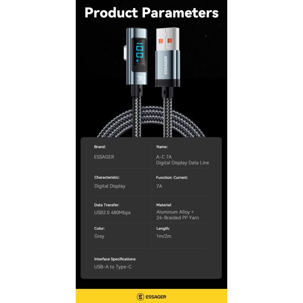 ESSAGER ES-X47 Series USB A To C Cable 1m Short 2m Long 100W