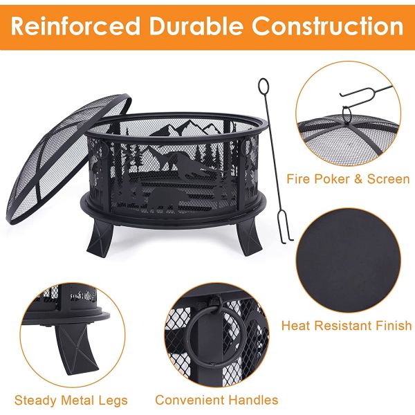 Round Metal Fire Bowl Outside Metal Barbecue Fire Pit With Spark Screen Fire Poker