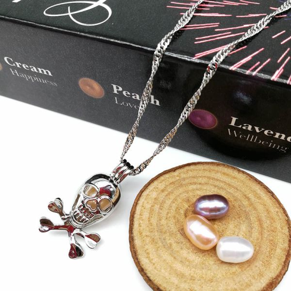 DIY Fashion Skull Silver Plated Pearl Locket Pendant Necklace
