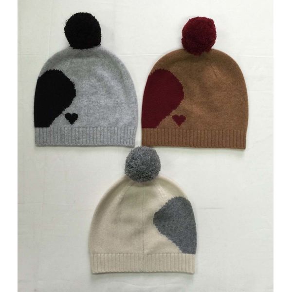 Women ' S Heart Jacquard Knitted Pom Pom Hat 100 Percent Cashmere Material