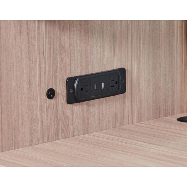 American Springhill suites hotel HPL oak finish metal frame free standing writing desk unit with power outlet