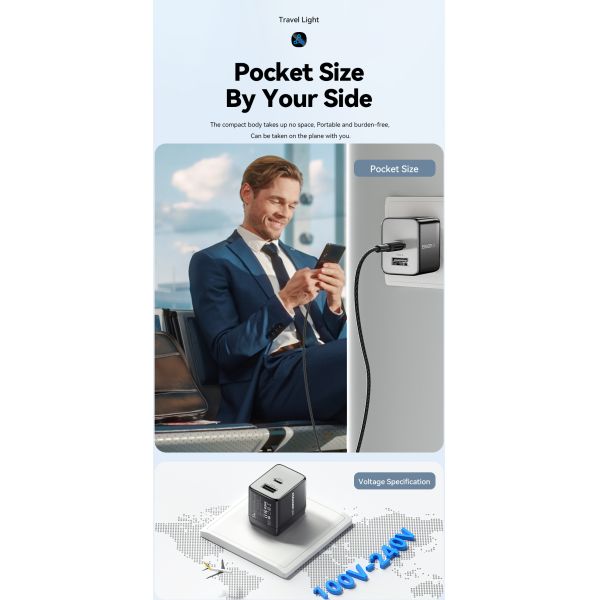 ESSAGER ES-CD39 33W 2 Ports PD Gan Charger 30W USB C Power Adapter