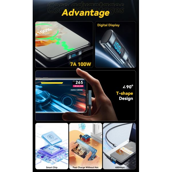 ESSAGER ES-X47 Series USB A To C Cable 1m Short 2m Long 100W