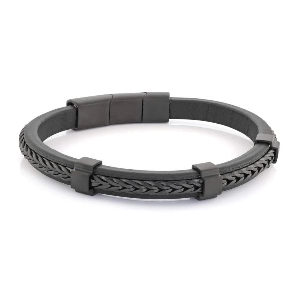 Classic Men's PU Leather Bracelet Alloy Silver Black Plated Woven Braided Wrap Bracelets