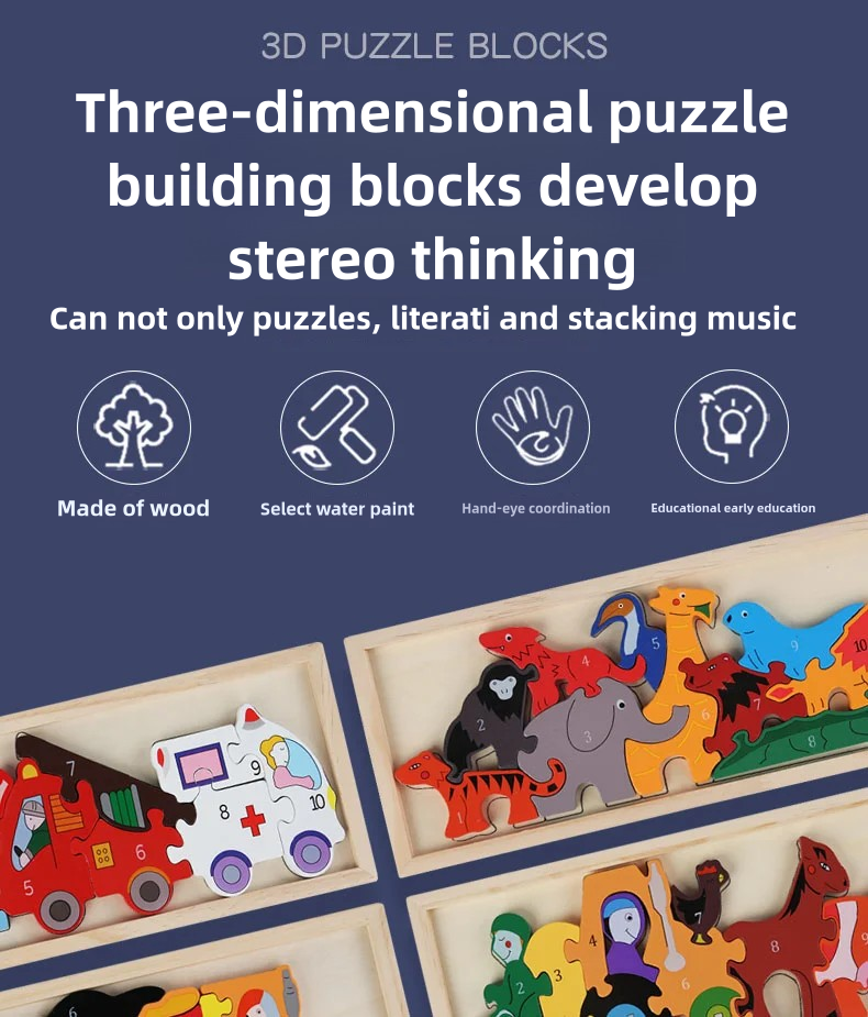 Children's Educational Toy Jigsaw Puzzle Wooden Cartoon Animal Traffic 3d Puzzle Toys for Toddler 1 2 3 Years Old