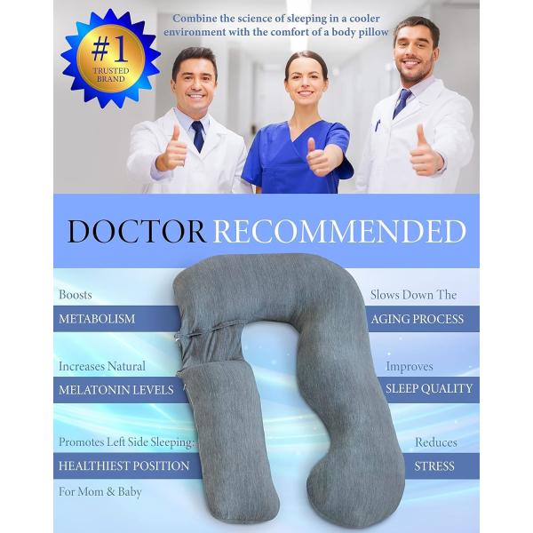 Pharmedoc Pregnancy Pillows, U-Shape Full Body Pillow – Removable Cooling Cover -Dark Grey – Pregnancy Pillows