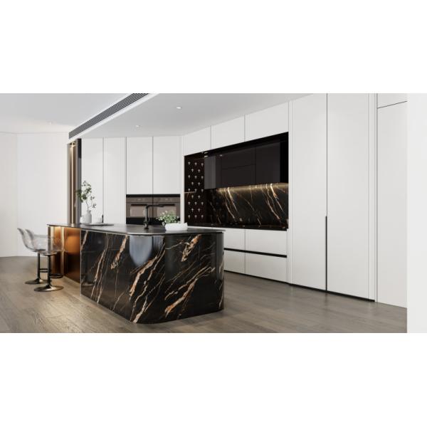 Luxury SS Modern Kitchen Cabinet With Multifunctional Curved Metallic Gold Island