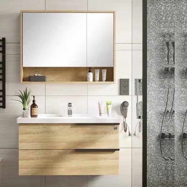 Wall mounted vanity unit showing storage space and mirror
