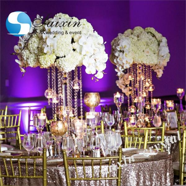 ZT-407 New Gold diamond stand with Hanging Crystal candles holder for wedding table top centerpiece