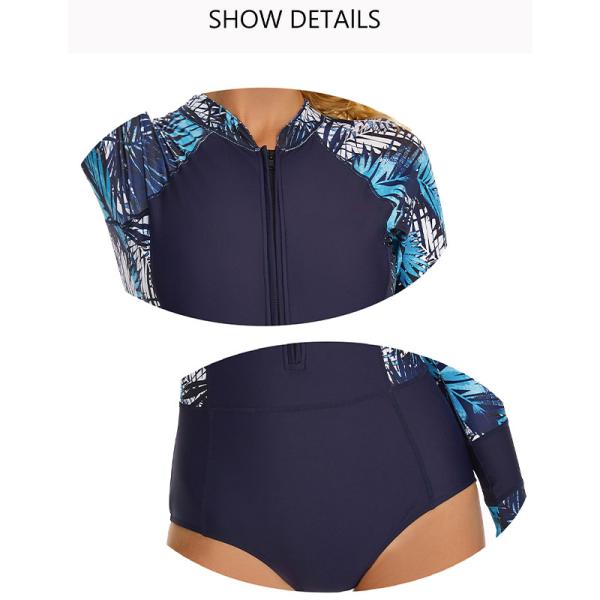 Womens 1 Piece Long Sleeve Zipper Bathing Suit Stand Collar Printed