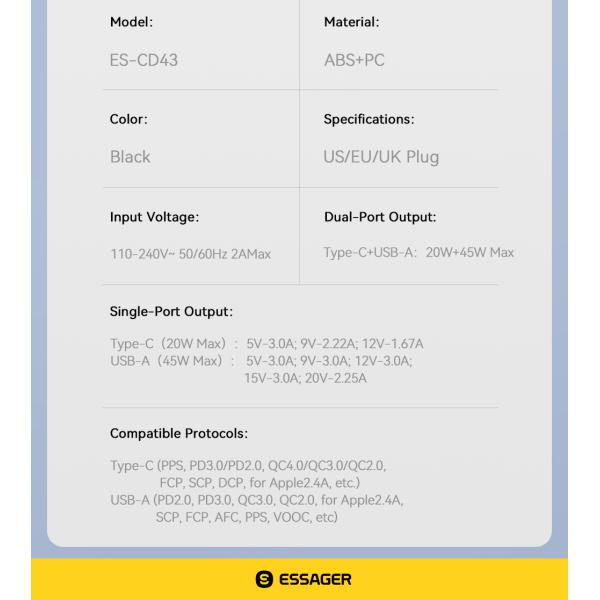 ESSAGER ES-CD43 USB Type C 65W QC4.0 PPS VOOC Gan Phone Fast Charger For Apple Huawei Xiaomi