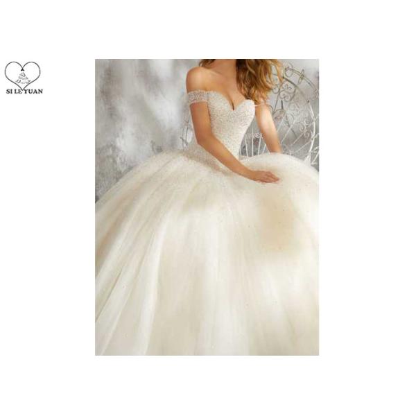 Sexy Ivory Ball Gown Wedding Dress Off Shoulder Short Sleeve Heavy Beading