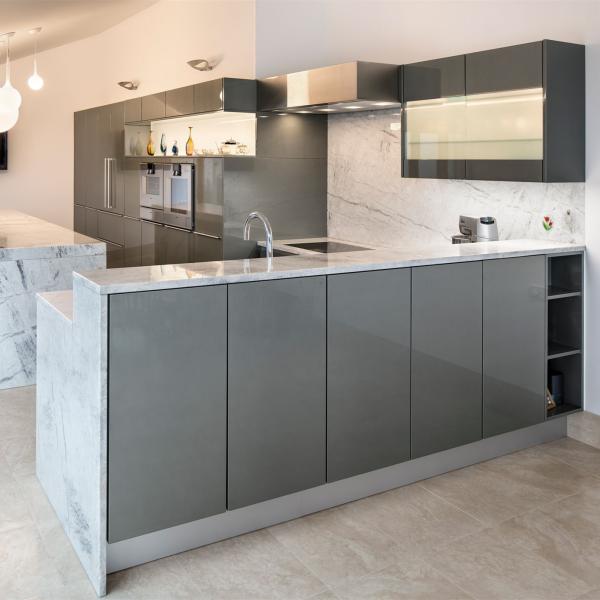 Marble Island Luxury Dark Grey Glossy Lacquer Kitchen Cabinet 18mm Moisture Proof HMR