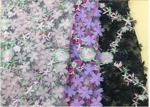 Cheap 3D Flower Embroidered Stretch Mesh Fabric , Coloured Tulle Lace Fabric wholesale