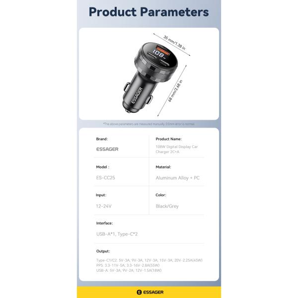 ESSAGER ES-CC25 QC18W USB-A Dual PD45W USB C Car Phone Charger Adapter With Digital Display