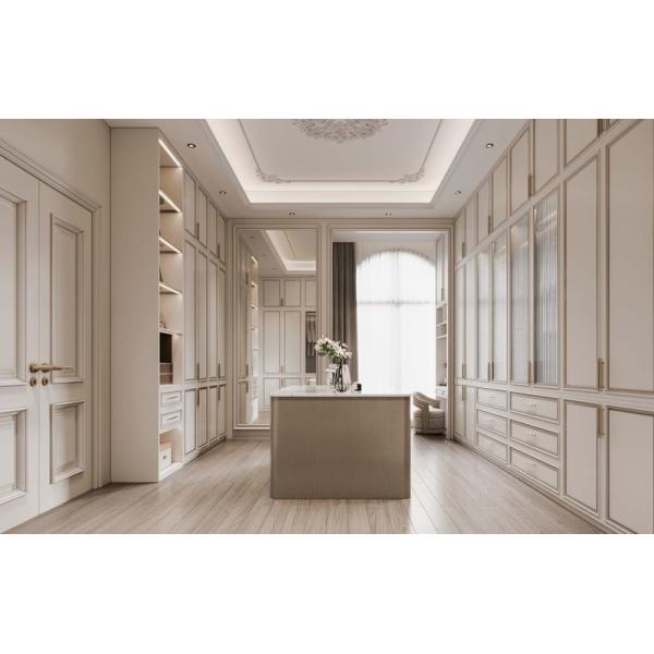 Durable Elegantly Crafted Custom Walk In Closet With Refined Gold Detailing