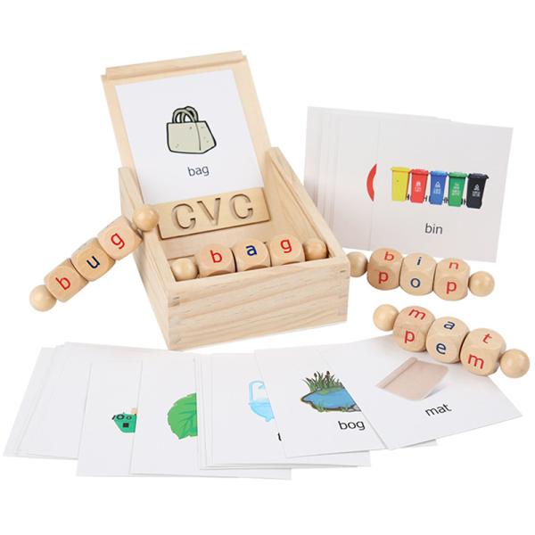 Montessori Wooden Reading Blocks Rotating Letter Spinning Alphabet Learning