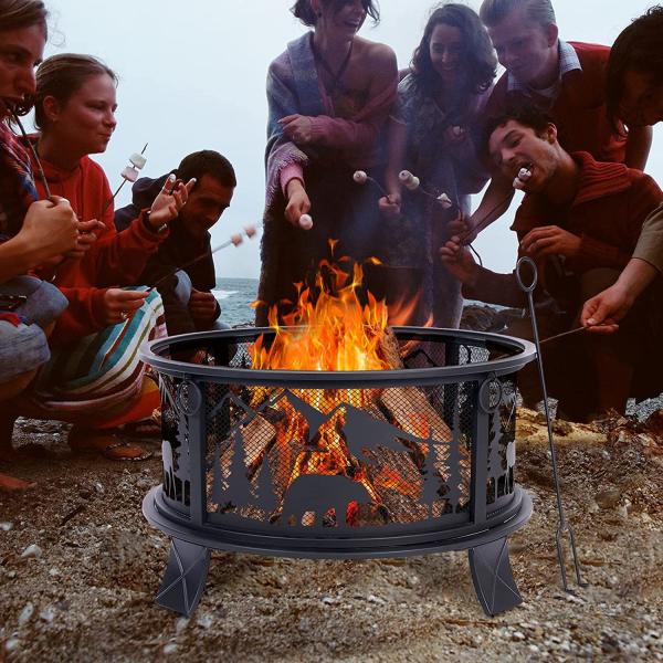 Round Metal Fire Bowl Outside Metal Barbecue Fire Pit With Spark Screen Fire Poker