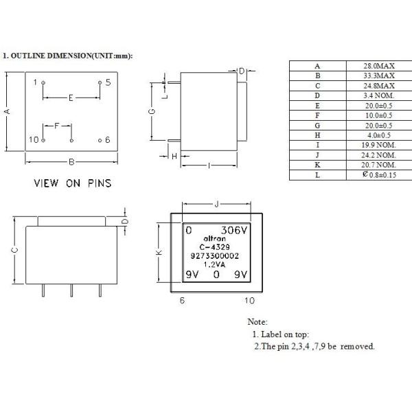PCB Mounting Low Frequency Transformer Input 306V / 50Hz 10mA Output 11.5V / 9V 67mA