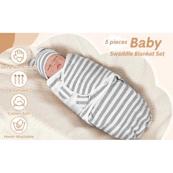 5-Pack Cotton Preemie Swaddle Set with Hat & Mittens 24x18.5 inches