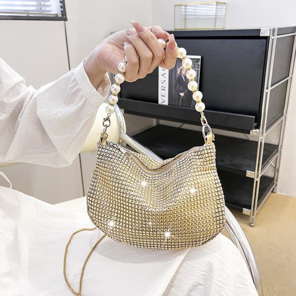 New pearl handle imitation full diamond handbag shoulder bag Cross-border explosive party dinner bag fashion shoulder