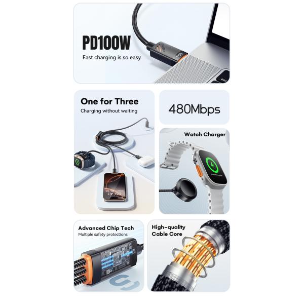 ESSAGER ES-X66 Series 100W USB C to USB C+L+Wireless Watch Charger 3 in 1 Cable