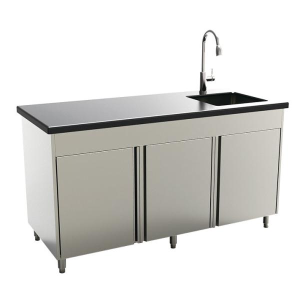 Stainless steel cabinet with single sink and three doors