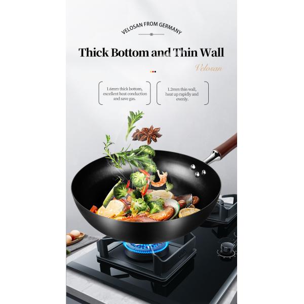 Durable Kitchen Frying Pans Round Bottom Carbon Steel Wok Chemical Free 9.3cm Deep